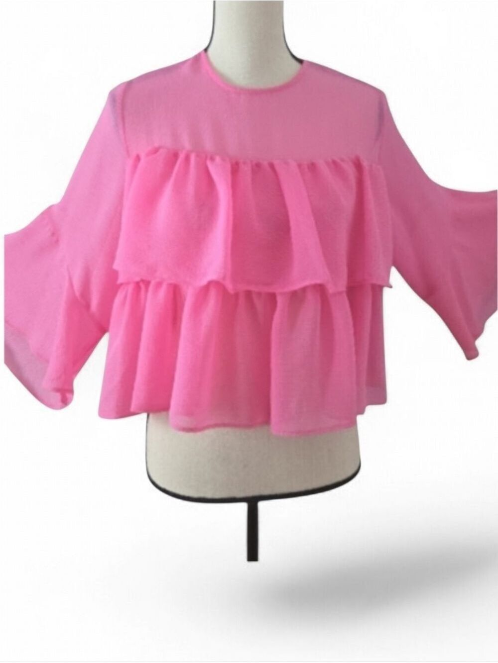 Zara Bubblegum Pink Chiffon Tiered Ruffle Blouse XS - Picture 4 of 9
